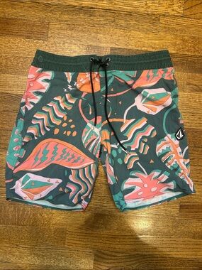 Volcom Dark Green Swim Shorts with Coral & Mint Tropical Print - Size 32